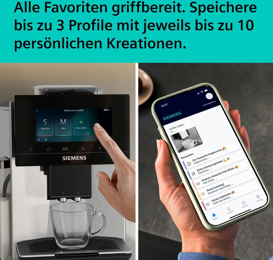 SIEMENS Kaffeevollautomat EQ900 TQ923E03, 41 versch. Getränke, XL-Getränke, Doppeltassenfunktion, farbiges 6.8'' TFT-Display, individuelle – Bild 4