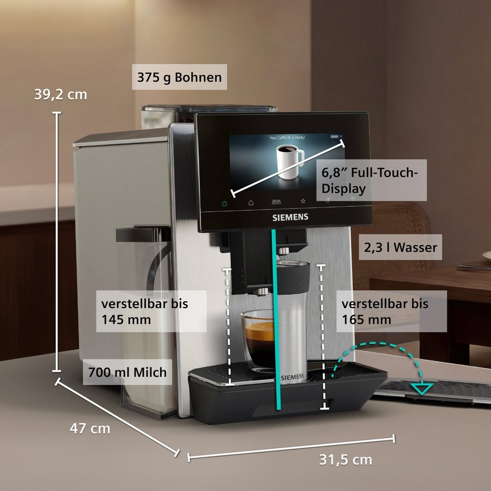 SIEMENS Kaffeevollautomat EQ900 TQ923E03, 41 versch. Getränke, XL-Getränke, Doppeltassenfunktion, farbiges 6.8'' TFT-Display, individuelle – Bild 7